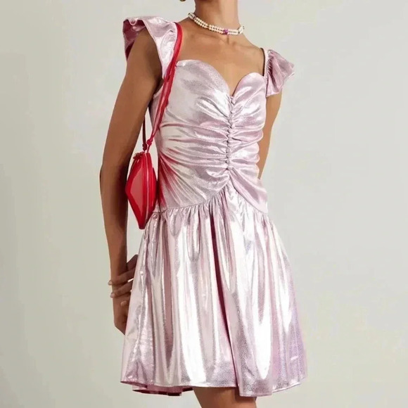 Batsheva Wendy Pink holographic effect Metallic Ruched Mini Dress - Picture 2 of 12